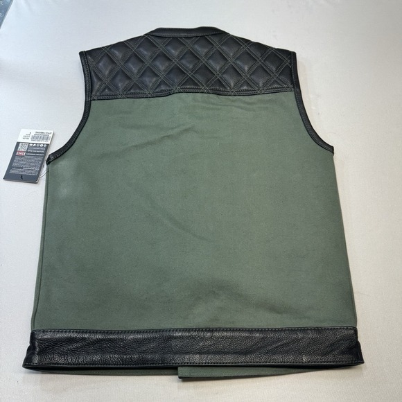 First MFG Co Hunt Club Green Canvas Black Leather Motorcycle Riding Vest Small - Picture 10 of 15